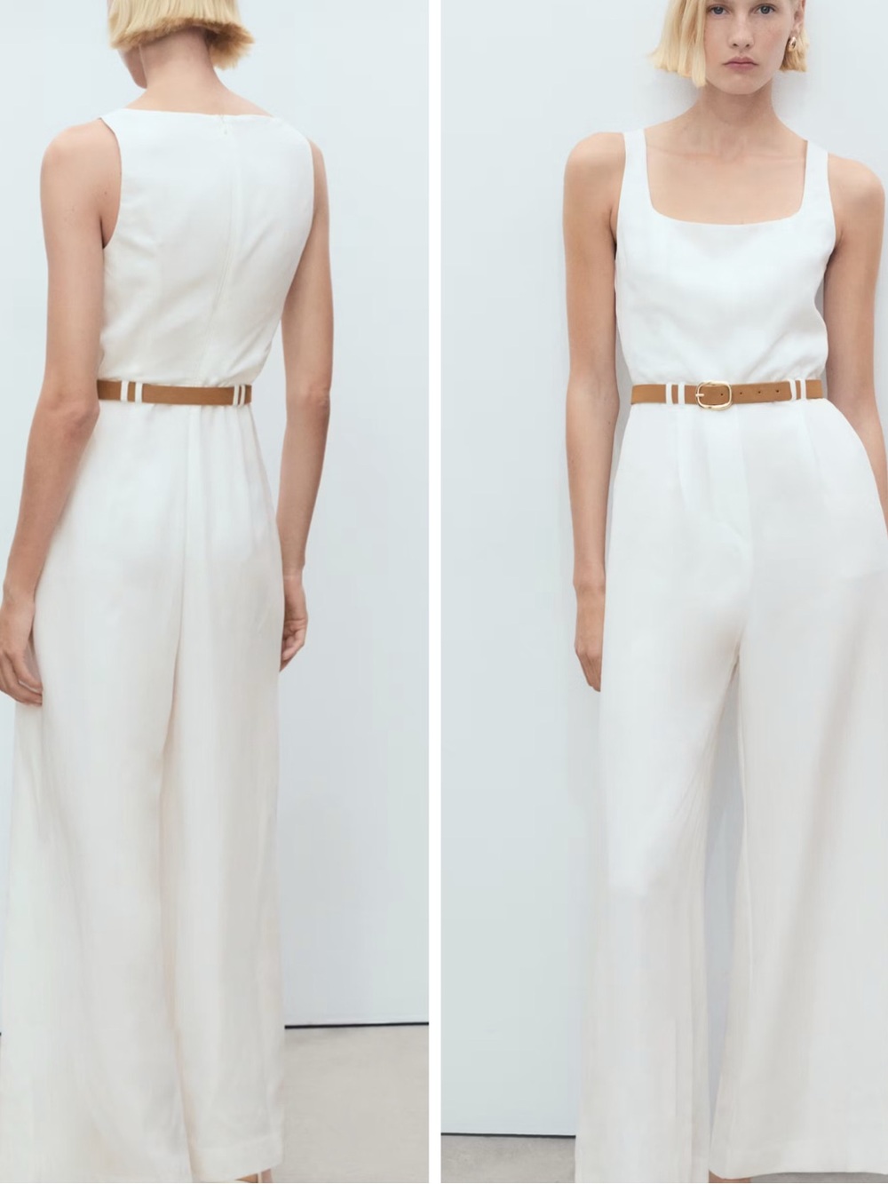 Mango Off-White Sleeveless Lyocell Jumpsuit with Tan Belt - Picture 10 of 10